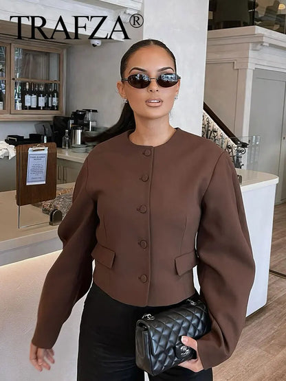 TRAFZA Jacket For Women Fashion Vintage Solid Cropped Blazer Coat O Neck Long Sleeve Jacket Autumn Female Casual Y2K Outerwear