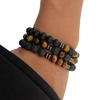 8mm 3 pcs/Set Natural Stone Beads Bracelet For Men Tiger Eys Black Lava Howlite Jewelry Agates Elastic Bangle Bracelets