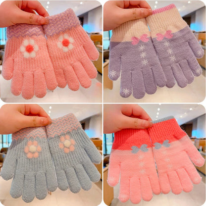 2023 New Girls Winter Knitting Flower Bow Printing Plush Soft Five Finger Gloves Children Outdoor Warm Gloves Kids Colors Gloves