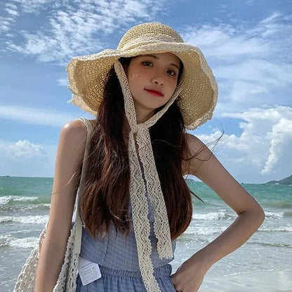 Straw Hat Women Fresh Handmade Fisherman Hat Spell Color Raw Edge Sunshade Hat Korean Version Simple Sunscreen Sun Hat Vacation
