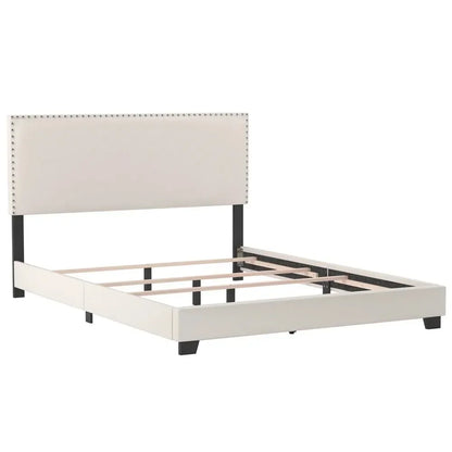 Queen size Bed Frame, Willow Nailhead Trim Upholstered Bed, White Faux Leather,bed Base