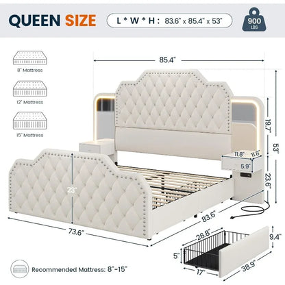 Tall Platform Bed Frame with 4 Storage Drawers, PU Leather Upholstered Queen Bed Frame