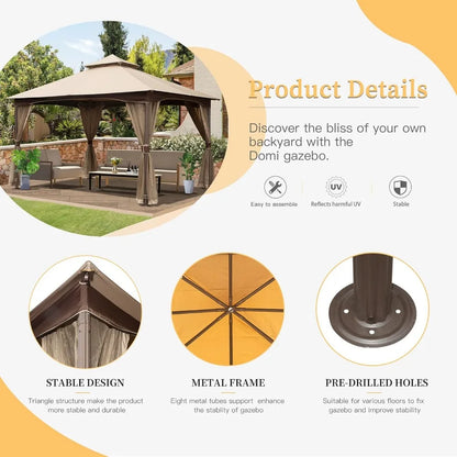 10'x13' Gazebo, Outdoor Gazebo with Mosquito Netting, Metal Frame Double Roof Soft Top Patio Gazebo Canopy Tent for Deck