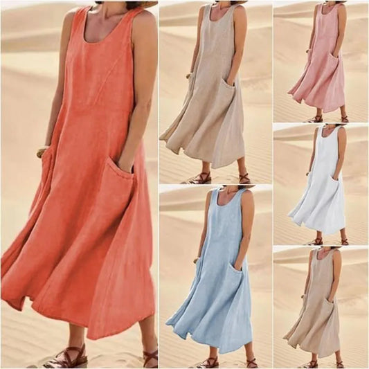 Elegant Cotton Linen Sleeveless Maxi Dress - Casual Solid Color Boho Tank Dress with Pockets