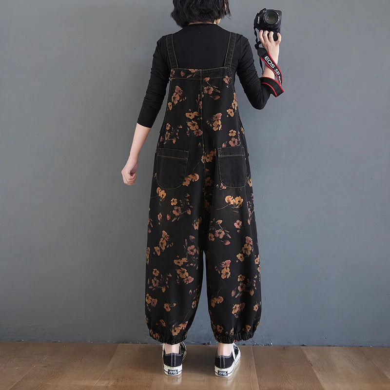 Vintage Floral Denim Jumpsuit for Women - Wide Leg Baggy Straps Cargo Pants