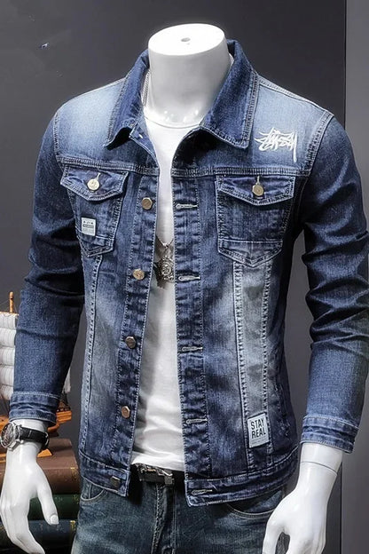 Autumn New Men's Denim Jacket Korean Style Trendy Slim Fit Embroidered Jacket For Men Fashionable Versatile Siouette Shaping