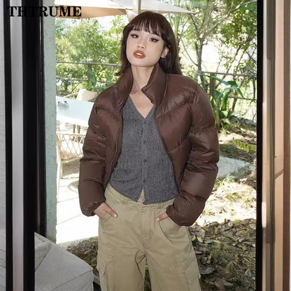 Streetwear Thick Chic Jackets For Women Fashion Solid Zipper Stand Collar Autumn Winter Tops Coats Casual Communte Puffy Jacket
