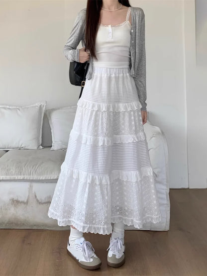 White Hollow Long Cake Skirt Women Spring High Waist Lace Patchwork Ruffles A Line Midi Skirts Sweet Ballet Clothes