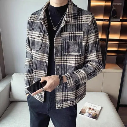 Trendy Plaid Woolen Jacket For Men Casual Autumn Winter Slim Fit Thickened Cropped Coat Fashionable Smooths Your Silhouette