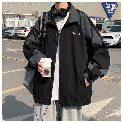 Men's Casual Jacket Contrasting Color Retro Streetwear Coat Zip Up Jacket Windbreaker Thin Sports Coats Outdwear Hiking Clothes