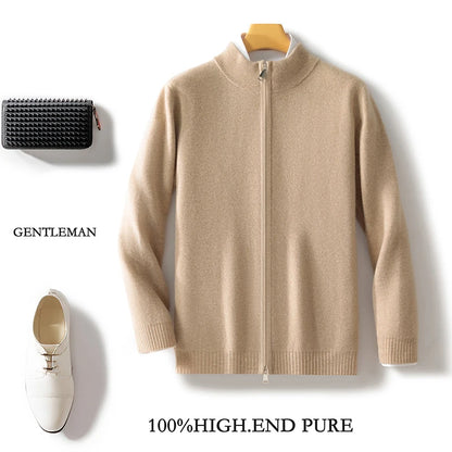 100% Wool Men's Cardigan Half High Neck Zipper Thick Sweater Autumn And Winter Solid Color Cashmere Knit Sweater High-End Jacket