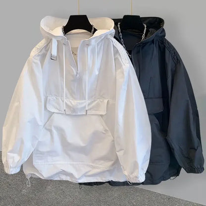 2024 New Trendy Korean Style Men's Jacketsuit Loose-fit Hooded Trench Coat Fashionable Spliced Design Jacket Windbreaker