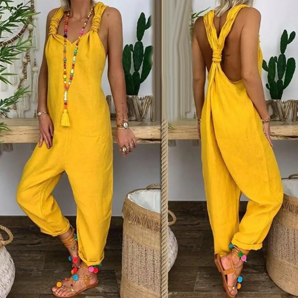 Chic Summer Backless Dungarees for Women - Sleeveless Solid Color Jumpsuit