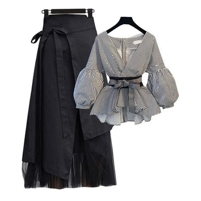 Large Size Women's Clothing 2023 New Korean Spring Summer Long Sleeved T-shirt + Temperament High Waist Skirt Two-piece Set