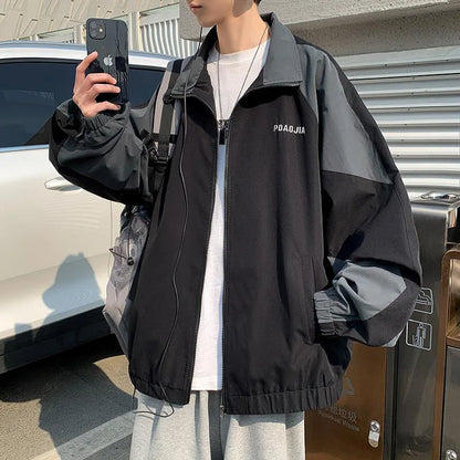 Men's Casual Jacket Contrasting Color Retro Streetwear Coat Zip Up Jacket Windbreaker Thin Sports Coats Outdwear Hiking Clothes