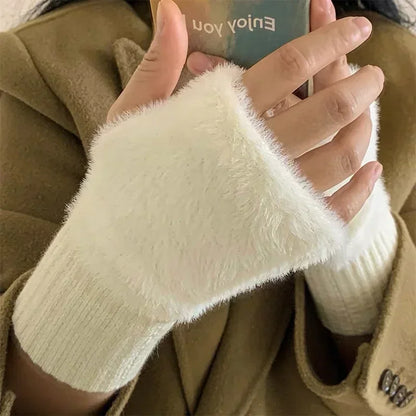 2024 New Mink Fleece Half Finger Gloves for Women's Soft Winter Warmth Luxury Solid Color Plush Knitted Fingerless Gloves