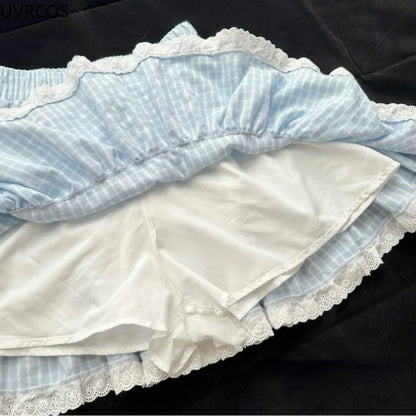 Kawaii Lolita Blue Plaid Mini Skirt Women Harajuku Y2k Aesthetic Bow Short Skirts Japanese Preppy Style Pleated Fairy Skirt 2024