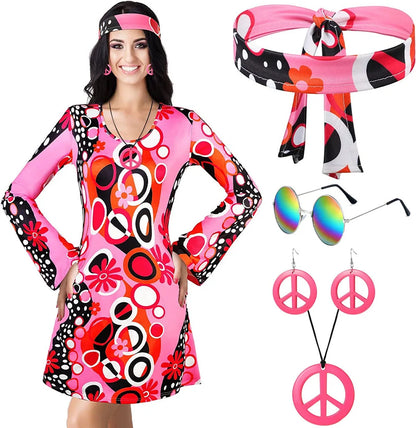 5pcs Set 60s 70s Women Hippie Costume Accessories Hippie Disco Dress , Halloween Boho Flared Hippie Dress