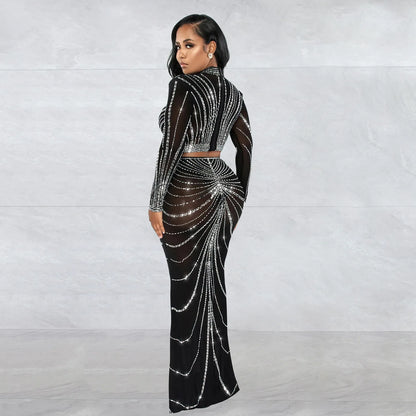 2023 Long Sleeve Mesh Maxi Bodycon Elegant Party Sparkly Rhinestone For Birthday Dress Sexy Club Two Piece Sets Womens Outifits