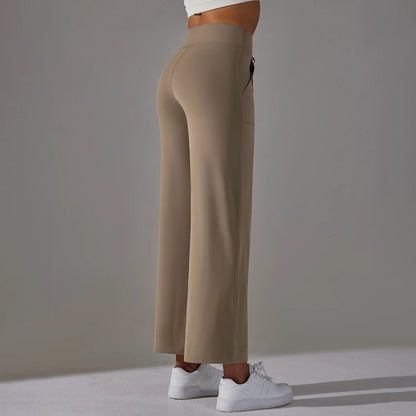 Women Leggings Wide Leg Flare Pants With Pockets Drawstring Sports Trousers High Waist Flared Yoga Leggings Fitness Running Jogg