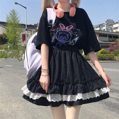 Japanese Sweet Lace Poached Cake Skirt High Waist Skirt Women's Summer Cute Short Skirt A-line Skirt Black Skirt