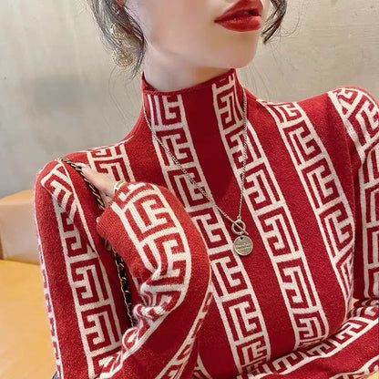 Autumn Winter Slim Knitted Sweaters Chic Vintage Fashion Elegant Commute Elasticity Knitwear Women Turtleneck Jumper