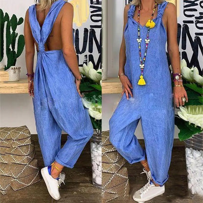 Chic Summer Backless Dungarees for Women - Sleeveless Solid Color Jumpsuit