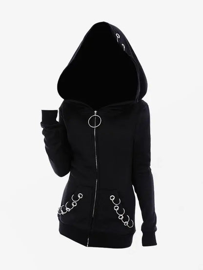 New Arrived Gothic Hooded Coats Black Grommets O-ring Zip Up Pocket Outwears Tops Spring Autumn Wide-waisted Jacket