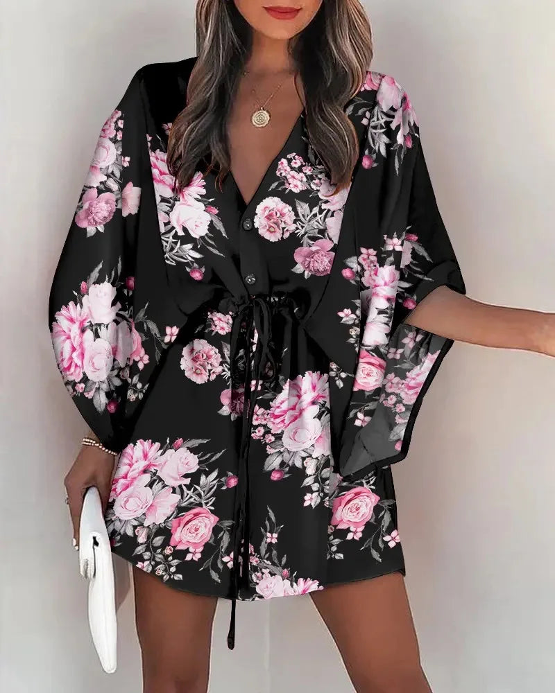 Chic Summer V-Neck Lace-Up Print Beach Dress - Stylish Mini Dress for Women