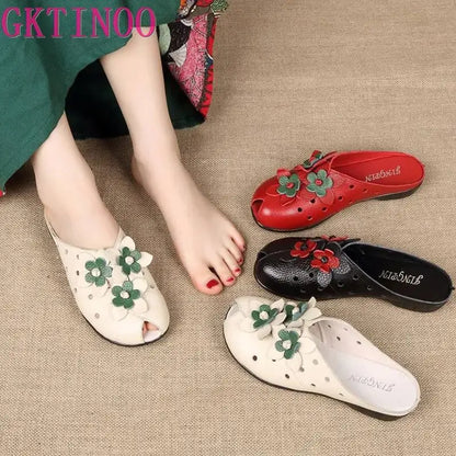 Handcrafted Genuine Leather Floral Slides for Women - Elegant Summer Sandals