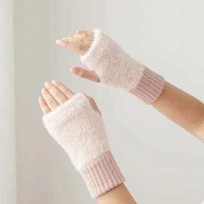 2024 New Mink Fleece Half Finger Gloves for Women's Soft Winter Warmth Luxury Solid Color Plush Knitted Fingerless Gloves