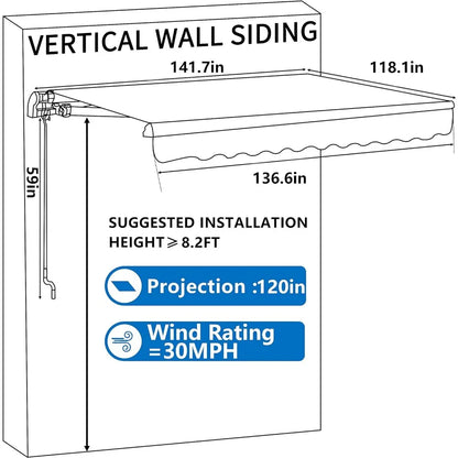 Canopy,  12'x10' Retractable Patio Awning Sun Shade Cover, Outdoor Shelter for Deck with Manual Crank, Wall Mounting Canopy