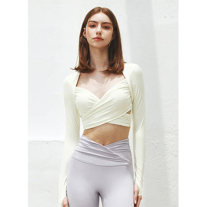 Sexy Front Cross Yoga Shrits With Chest Pads&Thumb Hole Sports Long Sleeve T-Shirts Crop Tops Female Fitness Slim Fit Blouse
