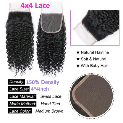 Kinky Curly 4x4 Lace Closure Brazilian Human Hair Deep Wave  4x1 T part Lace Closure  HD Transparent T part 4x4 Lace Closure