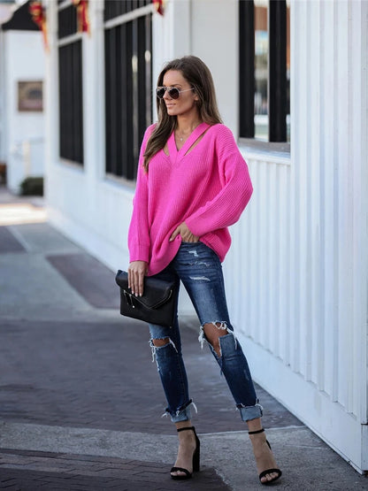 Boho V-Neck Pullover Sweater for Women - Casual Knitwear for Winter