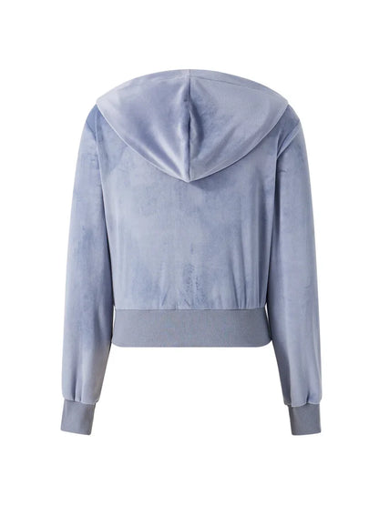 Women Velvet Zip Up Cropped Hoodies Solid Long Sleeve Hooded Jacket with Pocket Y2k Vintage Velour Sweatshirt for Teen Girls