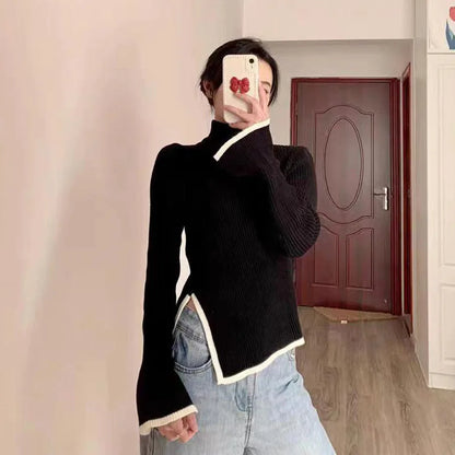 Lucyever Women's Turtleneck Sweater and Pullover Winter 2023 New Side Slit Knitted Sweaters Female Long Flare Sleeve Knitwears