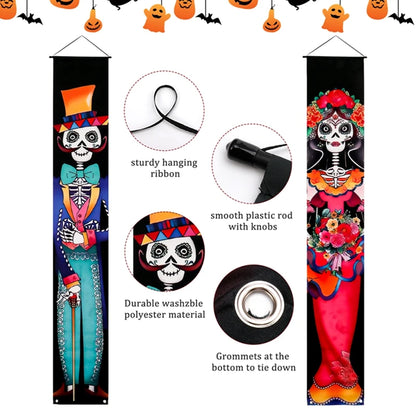 Halloween Day of The Dead Porch Sign Door Banner Welcome Hanging Flag Party Supplies Decoration Halloween Background Wall Decor