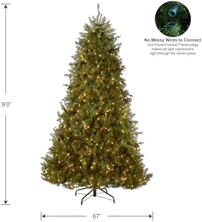 Pre-Lit Artificial Full Christmas Tree, Green, Dunhill Fir, Clear Lights, Includes PowerConnect and Stand, 9 Feet