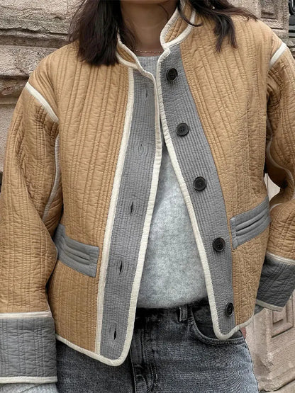 Fashion Contrast Patchwork Short Coat Elegant Women Stand Collar Single Breasted Long Sleeves Jacket Chic Spring Street Outwear