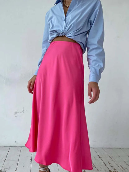 Silk Satin Skirts for Women Korean Style Champagne Office High Waist A-line Skirt Fashion Elegant Solid Long Pencil Skirt 2024