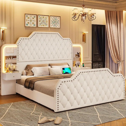 Tall Platform Bed Frame with 4 Storage Drawers, PU Leather Upholstered Queen Bed Frame