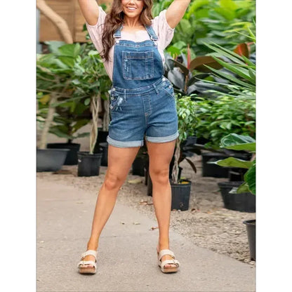 Chic Denim Romper Shorts for Women - High Waist with Multi-Pockets