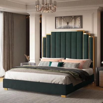 Albott King Size Platform Bed Frame, 65" Velvet Upholstered Bed with Gold Trim Headboard/Wooden Slats/No Box Spring Needed/Green