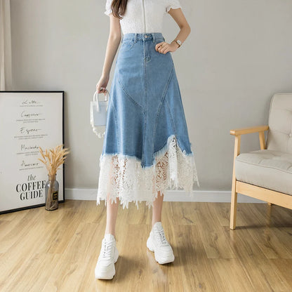 Women's A-line Denim Skirt Vintage 90s Aesthetic Y2k Long Cowboy Skirt Harajuku Korean Emo Jean Skirt 2000s Clothes Summer 2024