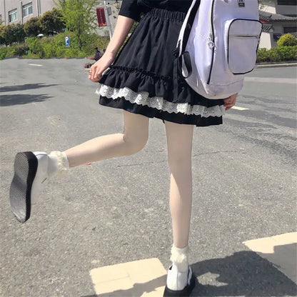 Japanese Sweet Lace Poached Cake Skirt High Waist Skirt Women's Summer Cute Short Skirt A-line Skirt Black Skirt