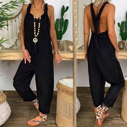 Chic Summer Backless Dungarees for Women - Sleeveless Solid Color Jumpsuit