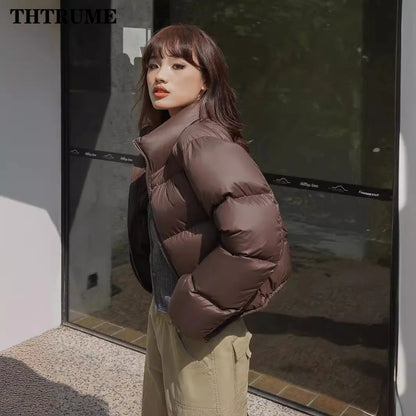 Streetwear Thick Chic Jackets For Women Fashion Solid Zipper Stand Collar Autumn Winter Tops Coats Casual Communte Puffy Jacket