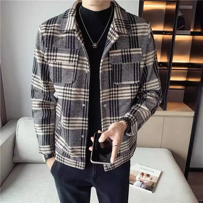 Trendy Plaid Woolen Jacket For Men Casual Autumn Winter Slim Fit Thickened Cropped Coat Fashionable Smooths Your Silhouette