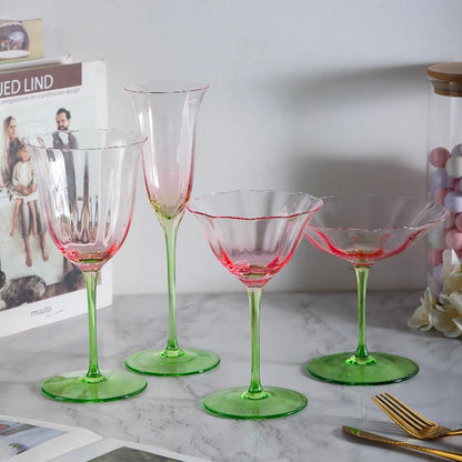 Light Luxury Retro Flower Home Wine Glasses Champagne Cup Set Crystal Goblet Glass Ribbed Pink Green Cocktail Glass Martini Cup